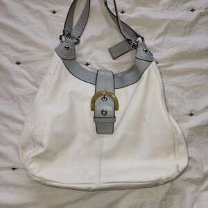 Coach Soho Lynn Hobo Bag in White Leather with Gray Trim